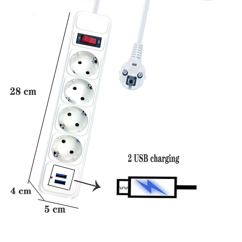 

Network Filter 2500W 10A Power Strip Switch EU Plug Sockets With 2M Extension Cord Surge Protector 4 AC Outlets 2 USB Charging