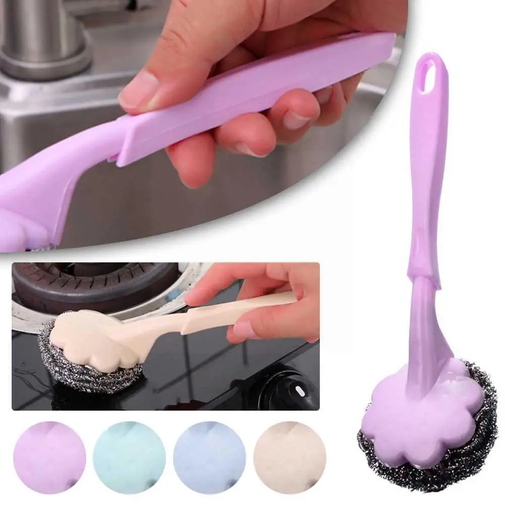 

1pc Long Handle Steel Wire Ball Replaceable Core Cleaning Kitchen Cloth Household Pad Scouring Dish Brush Cleaning Wipes To C0X9