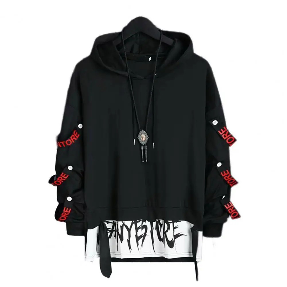 

Men Sweatshirt Hip Hop Long Sleeves Youthful Cool Warm Strap Decor Letter Print Hooded Elastic Cuff Autumn Hoodie Male Clothing