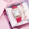 2pcs Women Diamond Watch Starry Square Dial Bracelet Watches Set Ladies Leather Band Quartz Wristwatch Female Clock(No Box) 3