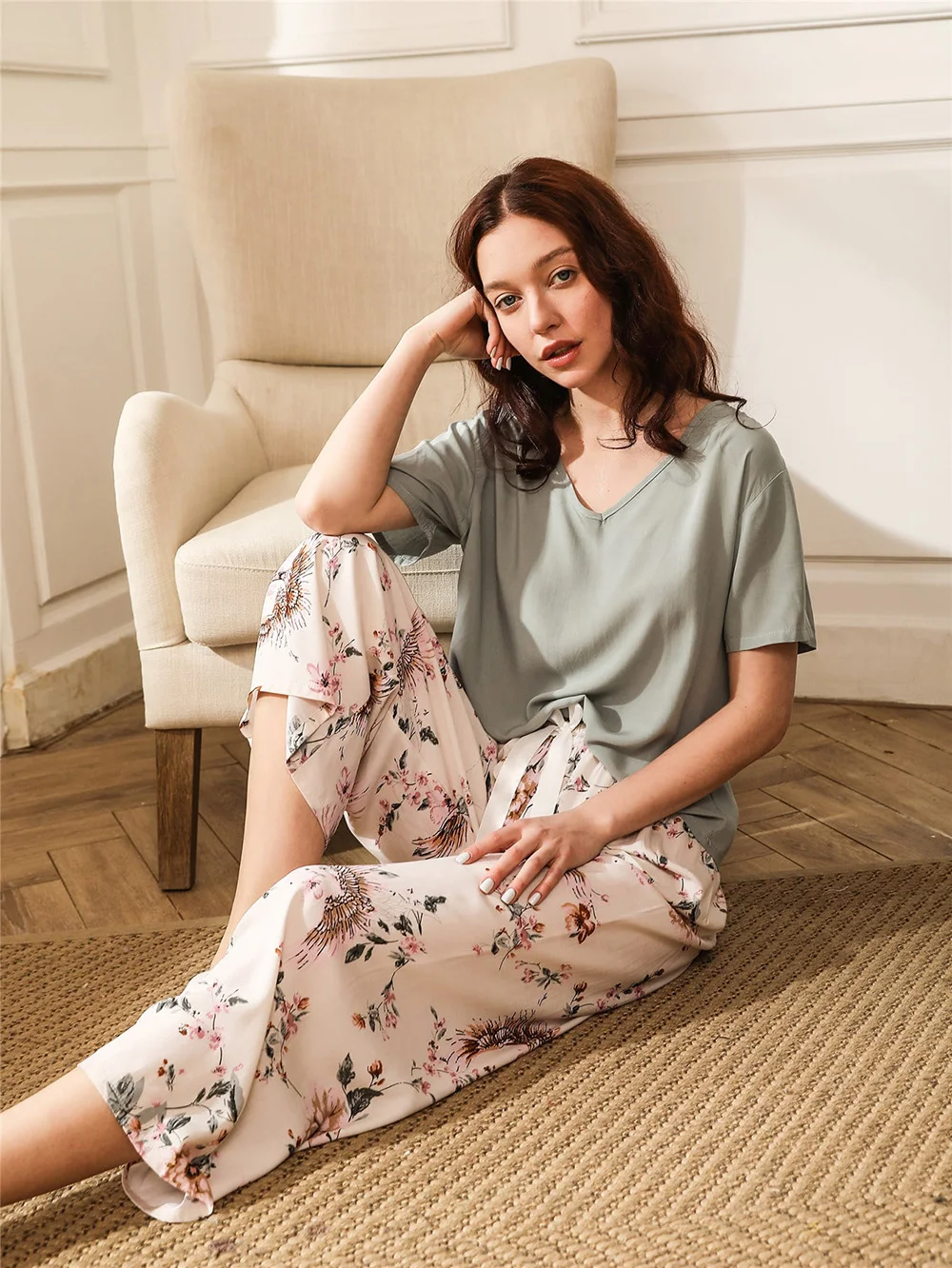 Loose Casual Pajama Set for Women Summer New Round Neck Viscose Girl Sleepwear Leisure Lady Loungewear Womens 2pcs Clothing