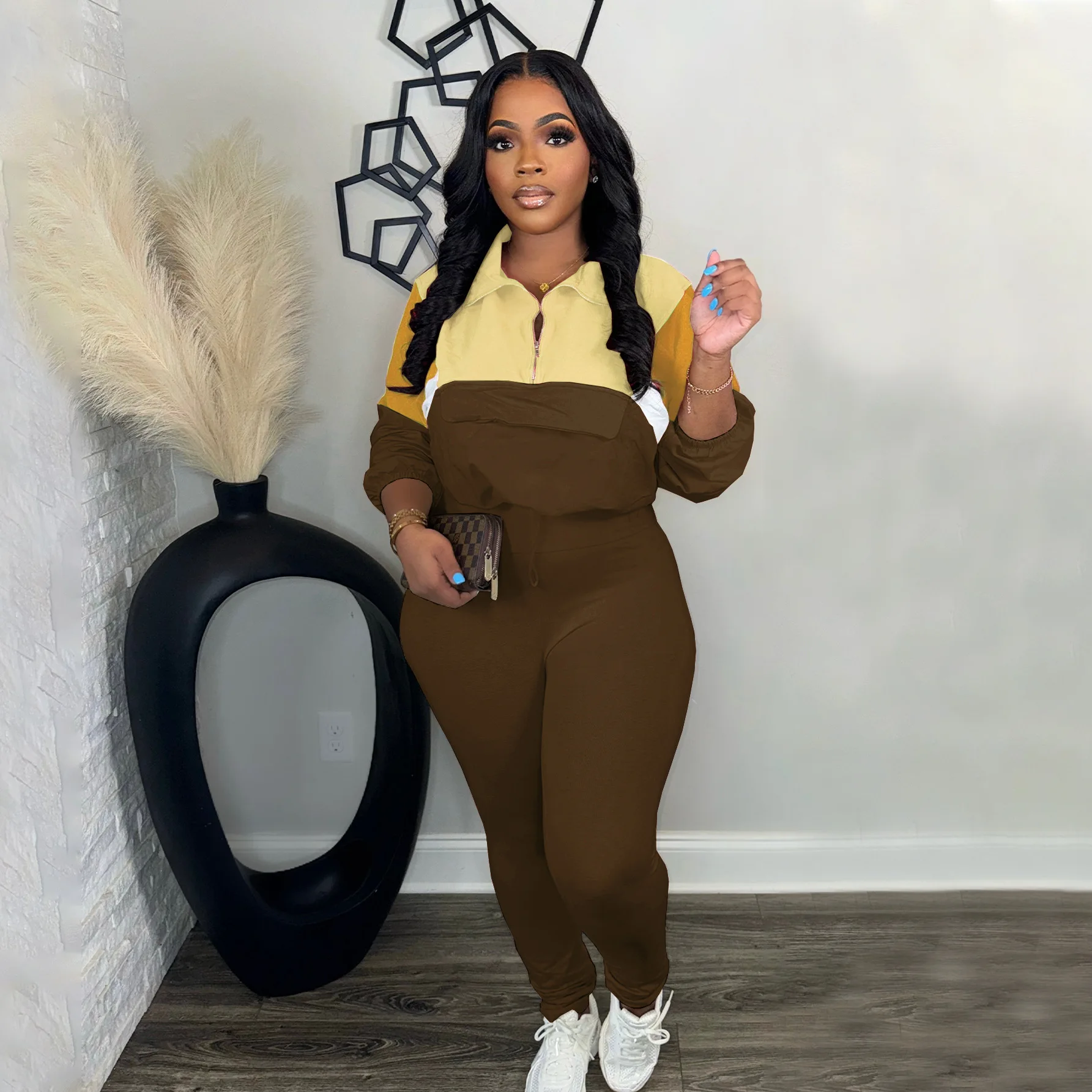 Женский спортивный костюм Осенний укороченный топ контрастных цветов свитшот и