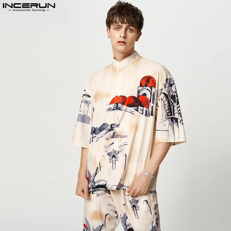 

American Style New Men's Scenery Pattern Style Blouse Casual Retro Printing Three-quarter Sleeve Shirts S-5XL INCERUN Tops 2023