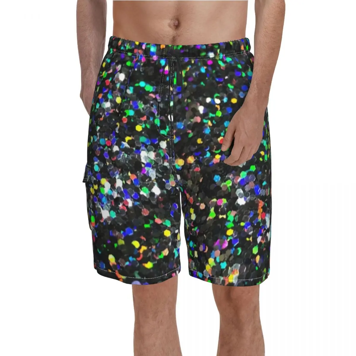 

Multicolor Sparkle Board Shorts Hot Black Glitter Print Print Beach Shorts Male Elastic Waist Cute Swim Trunks Plus Size