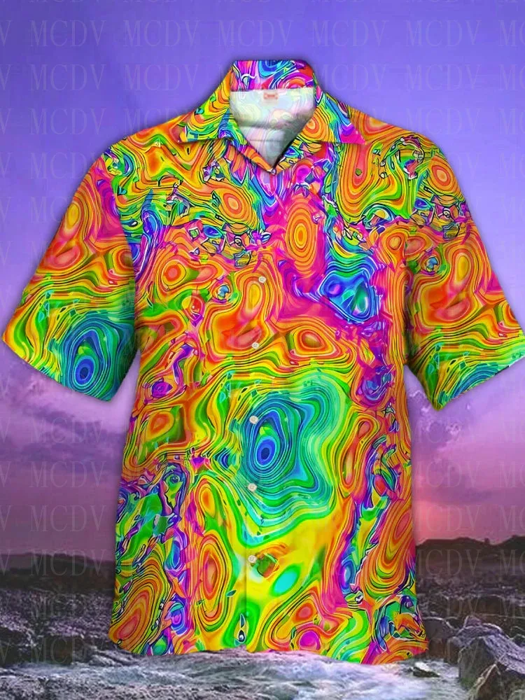 

Eye-Catching Psychedelic Rainbow Tie-Dye Ink Spill Printed Grateful Dead Cuban Collar Hawaiian Shirt
