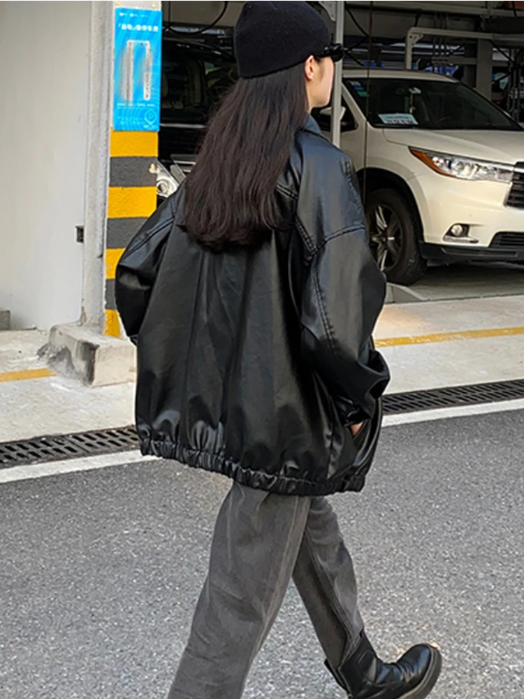Korean Black Leather Jacket Women 2022 Autumn Loose Thin Long Biker Jacket Female Zipper Streetwear Fashion Harajuku Y2K Coat