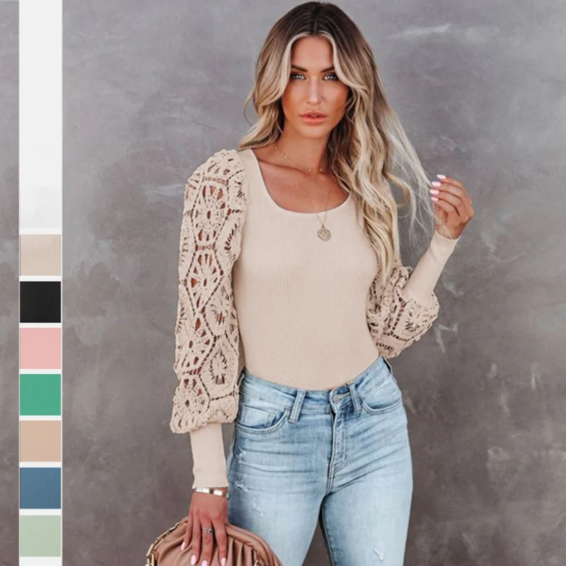 

Spring Autumn Women Elegant Fashion Lace Patchwork Slim T-shirt Female Lantern Long Sleeve All-match Pullover Top Hollow Out Tee