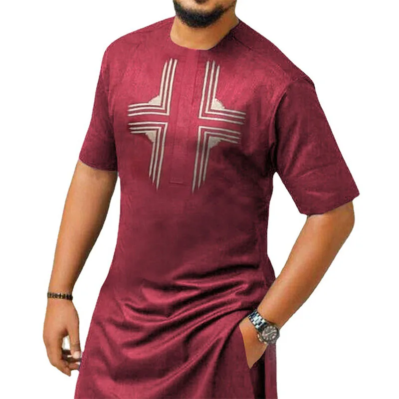 

Wine Red Men's Shirt African Tops Short Sleeve Male Nigerian Fashion Pattern Wedding Outfits