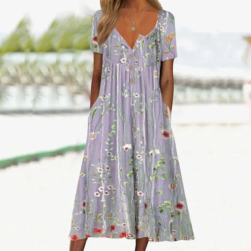 

Женское летнее платье с коротким рукавом и V-образным вырезом, повседневное винтажное женское платье с цветочным принтом, пуловер в стиле Ха...