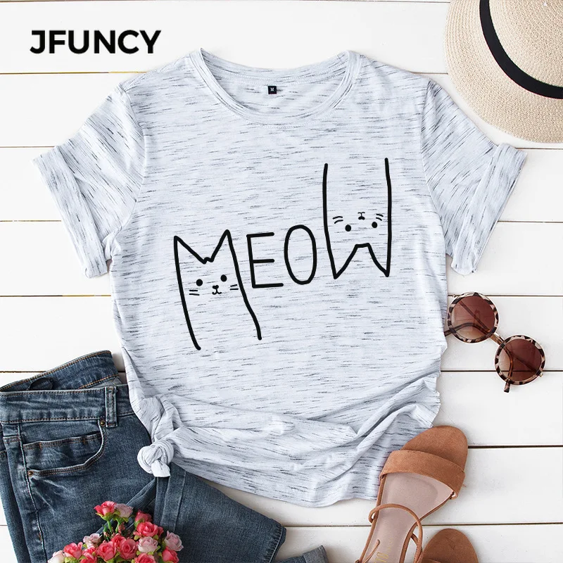 

JFUNCY Summer Women Tee Shirt 100% Cotton Casual Short Sleeve Tshirt Cute Meow Cat Print Woman T-shirt S-5XL Female Tops