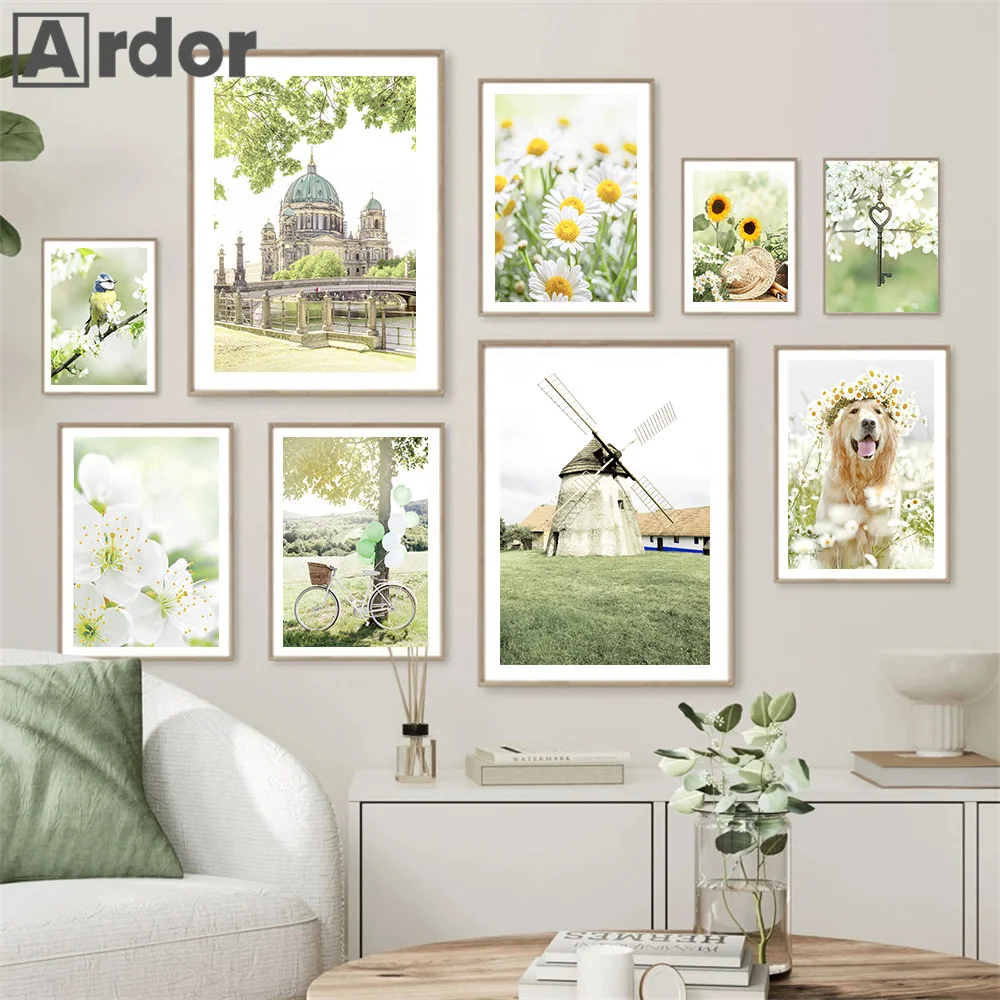 

Flower Green Landscape Dog Wall Art Canvas Painting Spring Sunflower Sakura Windmill Farmhouse Church Poster Living Room Decor