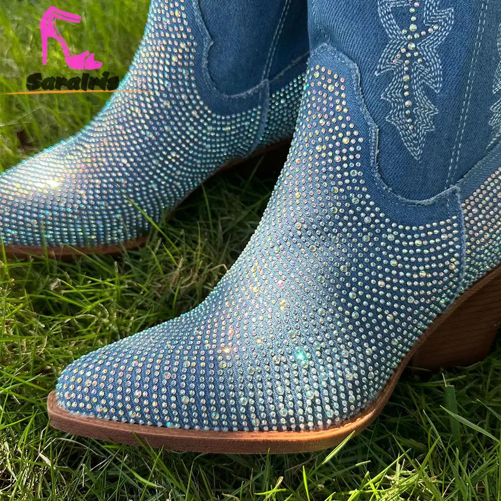 Cowboy Western Boots 2023 Autumn Winter Pointed Toe Patchwork Rhinestones Mid Calf Boots Comfy Walking Embroidery Ladies Boots