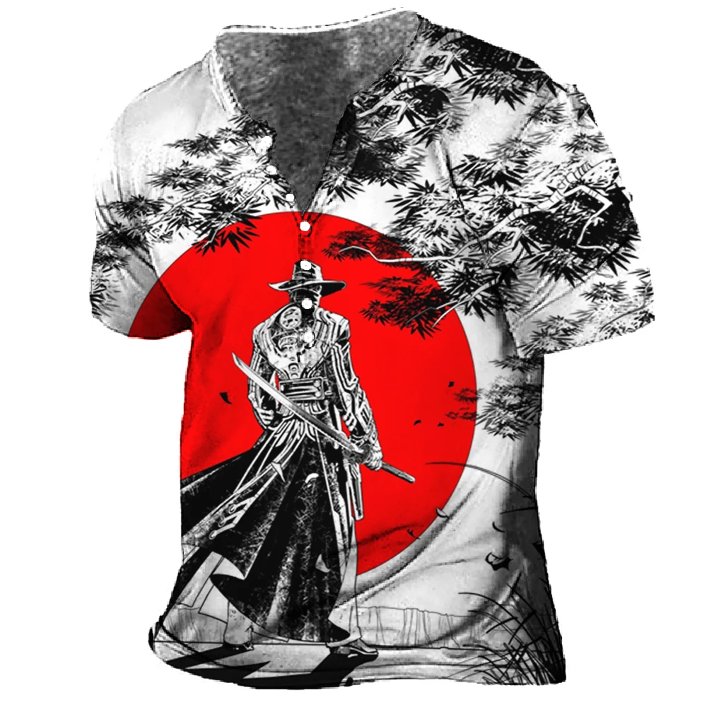 

Japanese Samurai Pattern Print Men's Cotton T-shirt Vintage Harajuku Short Sleeve Fashion V-neck Buttons Tees Oversized Tops 5XL