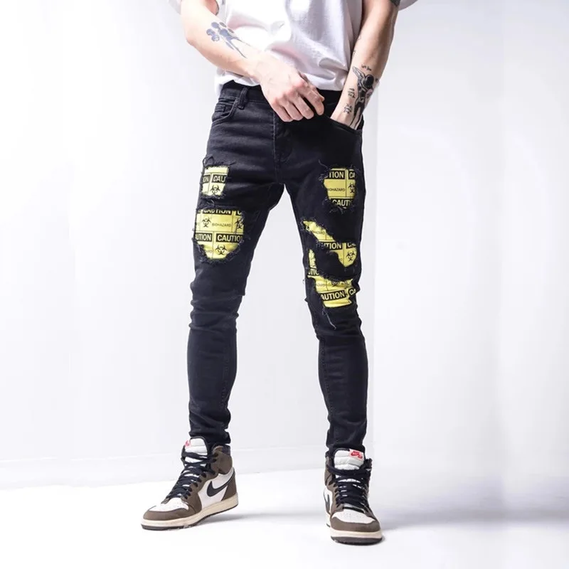 Men's Ripped Skinny Patch Print Casual Jeans Teen's Hip Pop Holes Destroyed Pencil Pants Men Summer Stretchy Biker Slim Jeans