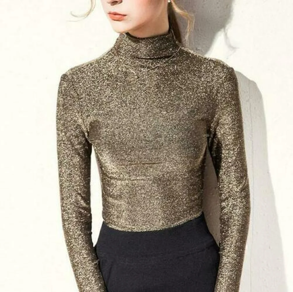 

Женская сексуальная тонкая однотонная короткая блузка с блестками, рубашка с высоким воротником, свитер, топы