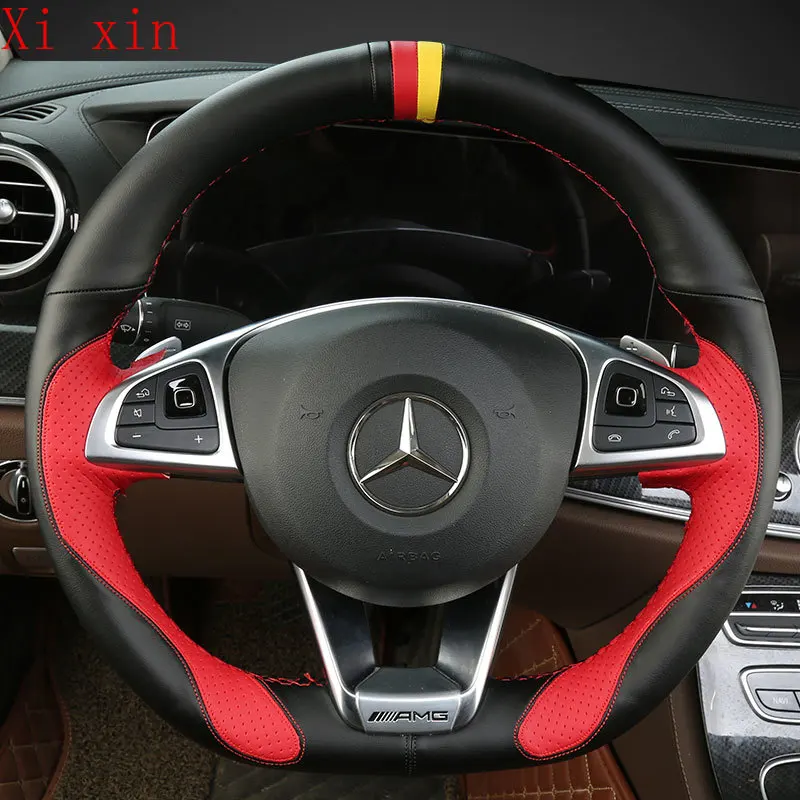 

For Benz E300L E260L A180L A200L DIY Custom Imitation Peach Wood Grain Leather Hand Sewn Steering Wheel Cover