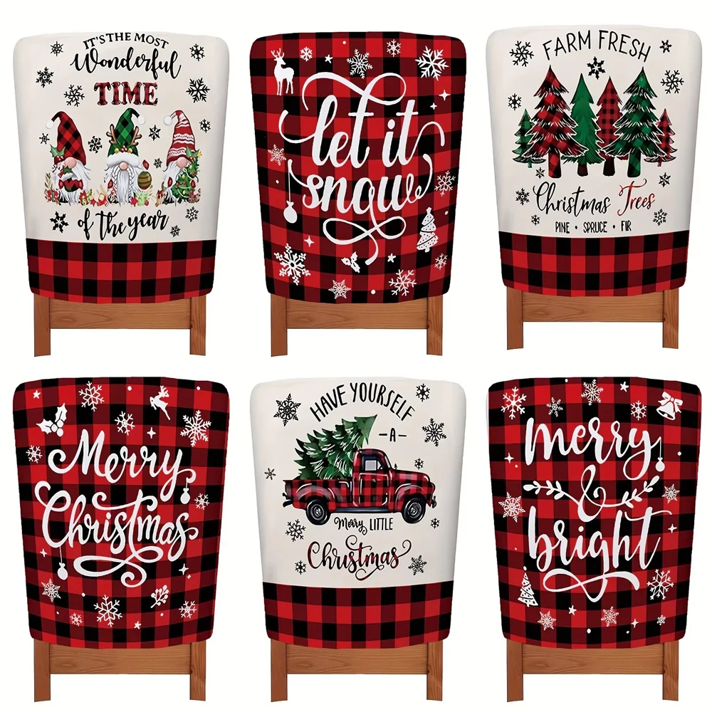 Классические рождественские чехлы на стулья в фермерском доме, набор из 6 шт., чехлы на стулья из полиэстера в красно-черную клетку с праздничным праздничным дизайном