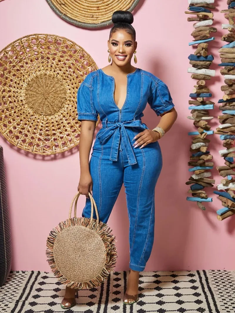 

Sexy Denim Jumpsuit for Women Lace-up Pencil Pant Jeans Short Sleeve Sashes Long Rompers Playsuits One Piece Overalls Outfits