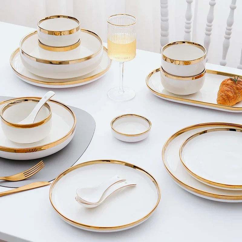 

Gold Edging White Porcelain Plates Food Dinner Set Dishes Salad Soup Bowl Ceramic Plates Bowls Luxurious Tableware Set