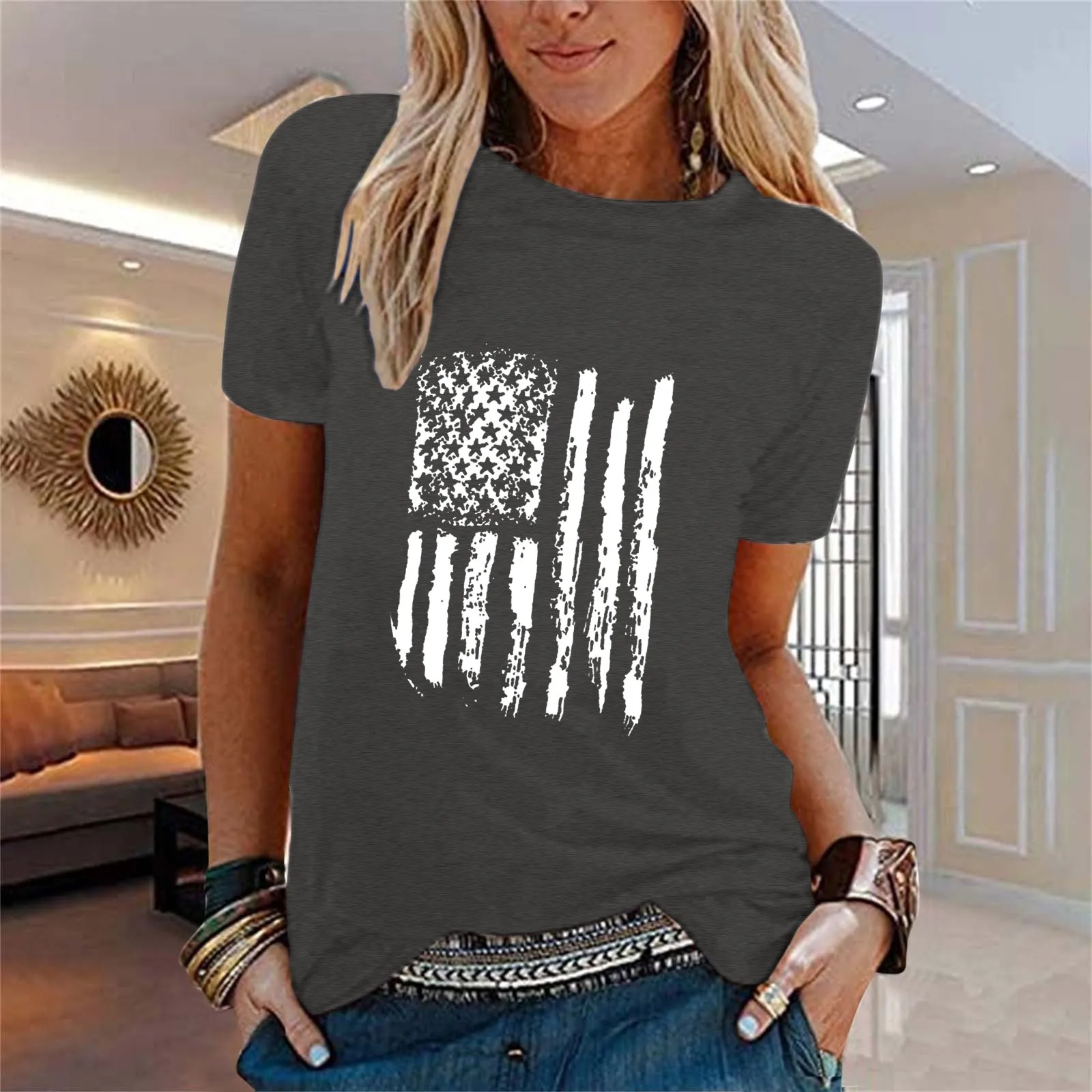 

Women Casual Independence Day Flag Print T Womens Running Shirts Loose Fit Women Summer Shirts Long Sleeve Plain Shirt Women