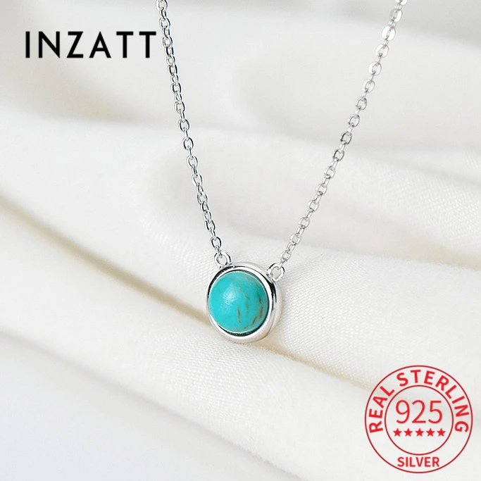 INZATT Real 925 Sterling Silver Round Blue Turquoise Choker Necklace For Women Classic Fine Jewelry Minimalist Bijoux