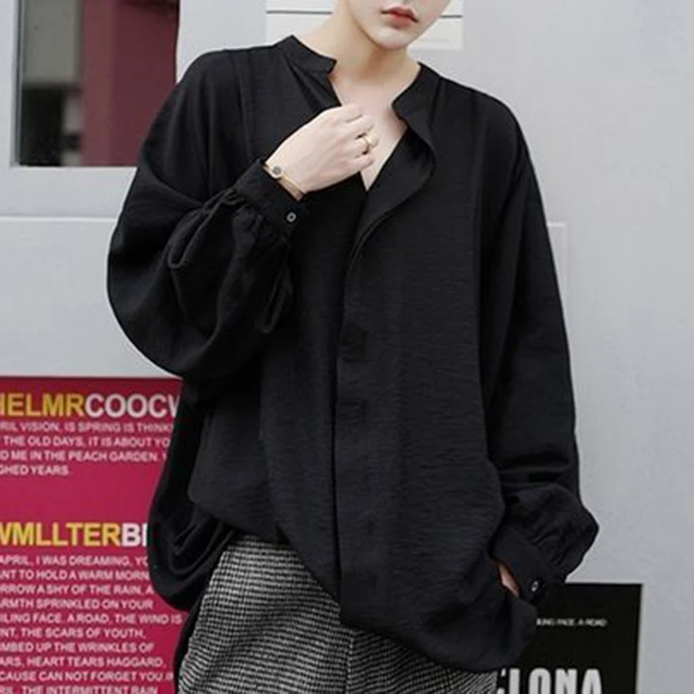 

New Loose Shirt Men Tide Brand Nightclub Stage Wear Solid Long-sleeved Shirt Top Wild Deep V Irregular Shirts Blouse Para Hombre