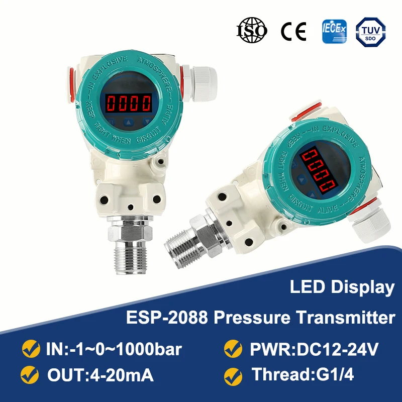 

ESP2088 4-20mA LED Display Pressure Sensor Silicon -1-0-1000bar Water Pipe Pressure Transducer Fuel Pressure Transmitter