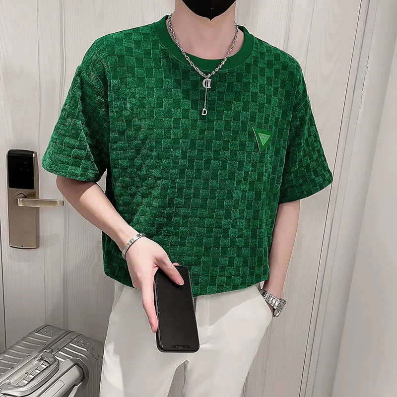 

2022 Summer Men's Lattice Printing Super Soft T-shirt Green/black Color Top Clothes Tshirts Fashion Trend Round Neck T Shirts