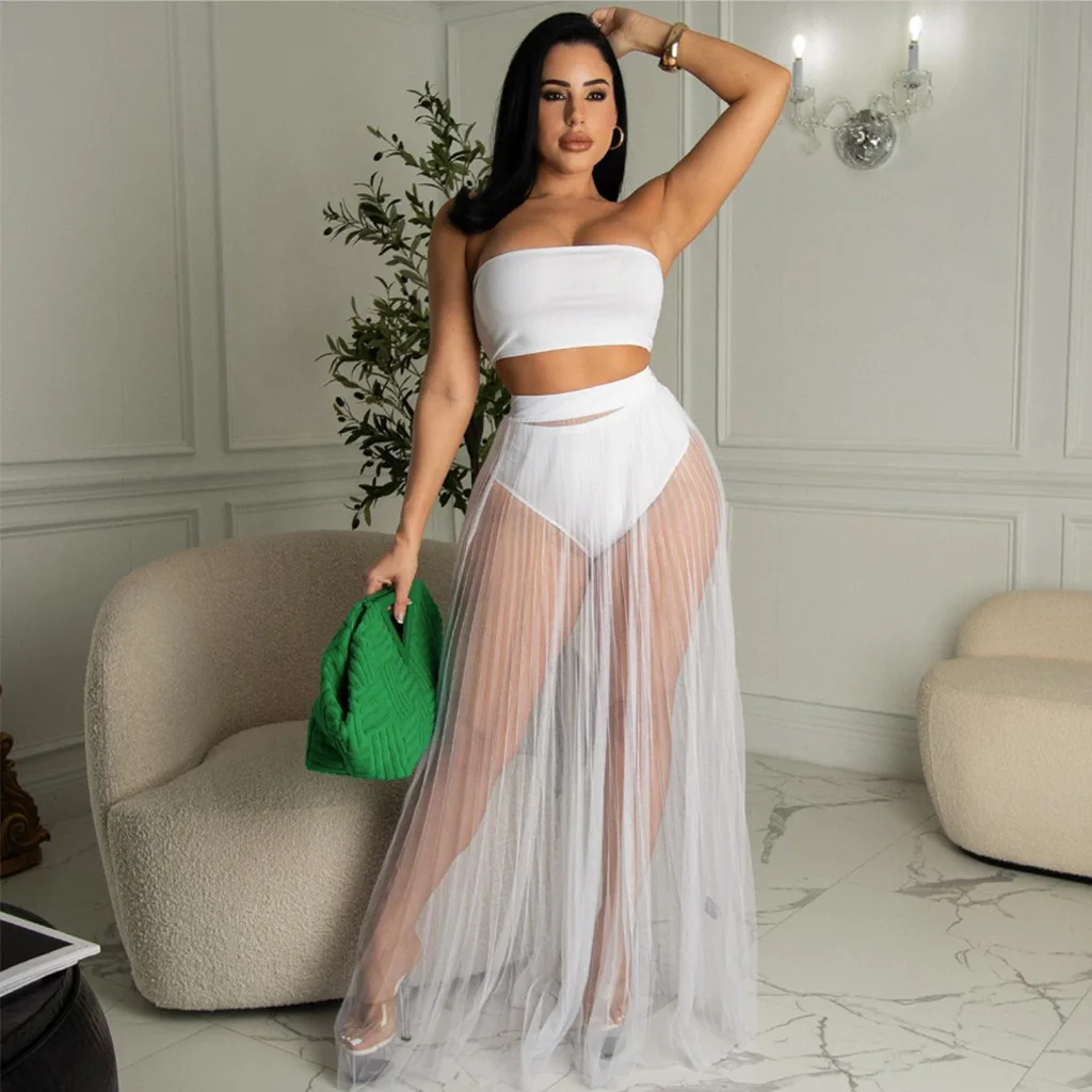 

Комплект из двух предметов Adogirl, женский летний пикантный Пляжный наряд для отпуска, короткий топ и прозрачная длинная юбка, подходящие комп...