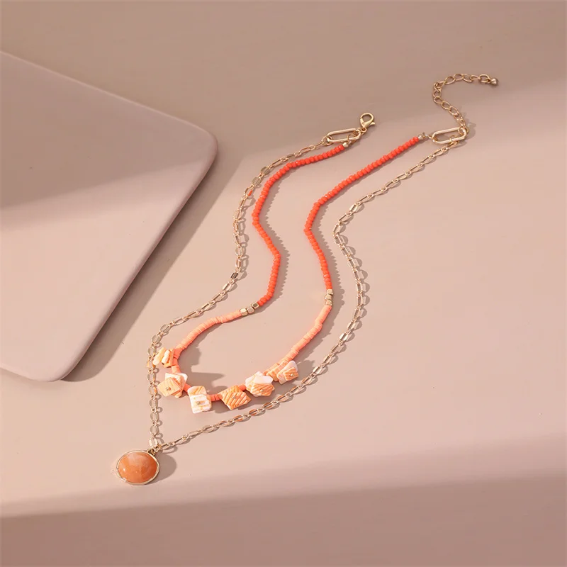 

New Arrival Women Double Layer Beaded Necklaces Shell Shape Metal Pendant All-match Clavicle Chain Fashion Girl's Jewelry
