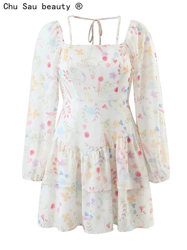 

Autumn Long Sleeve Mini Dress Woman 2022 New Slim Chic Floral Print Square Neck Ruffle Tie Short Fairy Dress Female