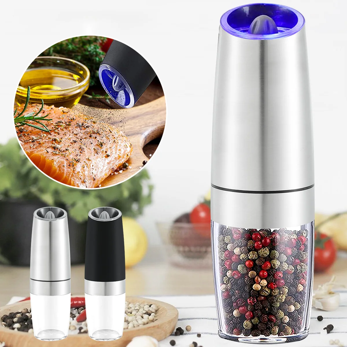 

Stainless Steel Electric Pepper Grinders Adjustable Roughness Automatic Gravity Sensor Salt Mill Grinder Battery Operated