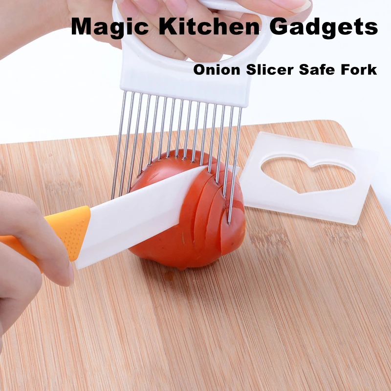 

Magic Kitchen Gadgets Onion Slicer Safe Fork Tomato Vegetables Slicing Safety Aid Holder Cutting Chopper Chips Making Tool