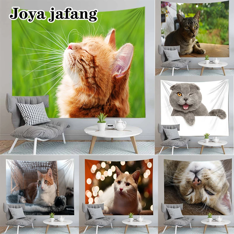 

Милый гобелен с рисунком кошки на стену в стиле хиппи, богемный полиэфирный лист, художественный Декор для комнаты, домашнего интерьера