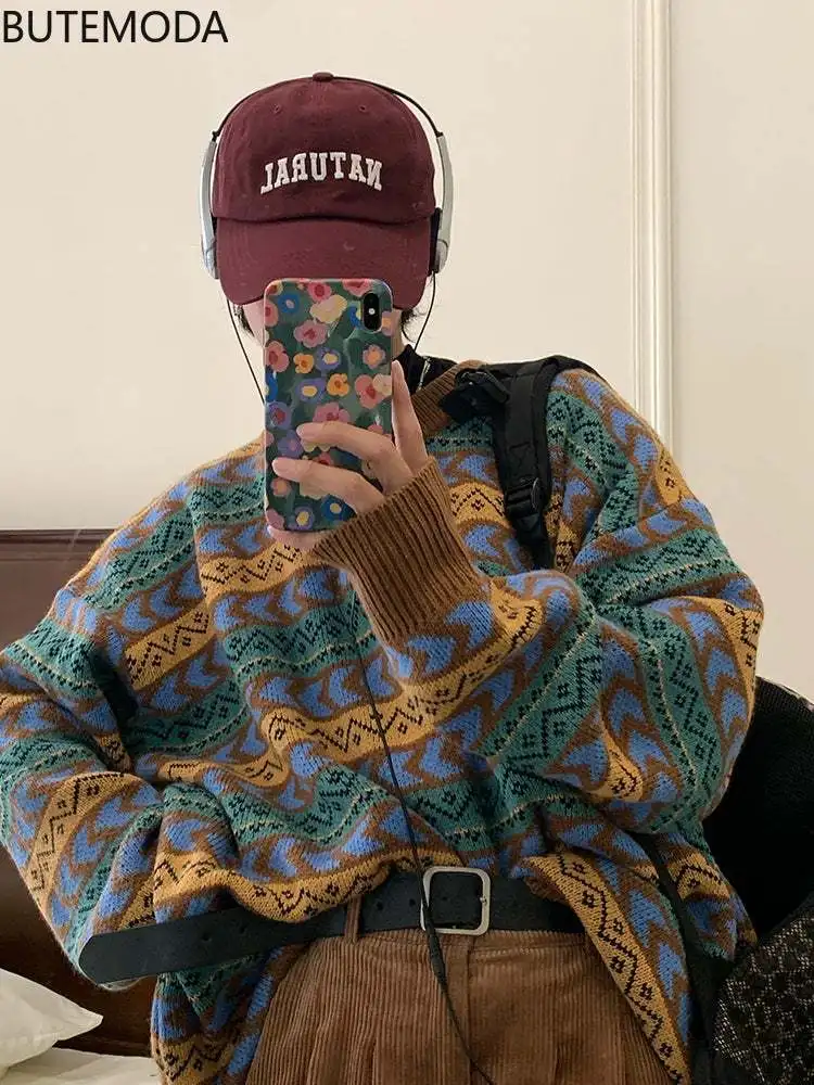 

Butemoda Striped Women Sweater Pullover Tops Spring Autumn Thick Loose Long Sleeved Round Neck Harajuku Street Style Sweater