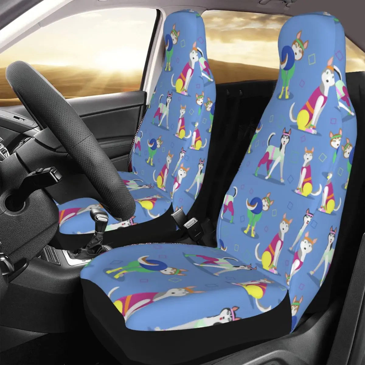 

Blue Pattern With Husky Dogs Universal Car Seat Cover for most cars Women Cute Dog Car Seats Covers Polyester Fishing