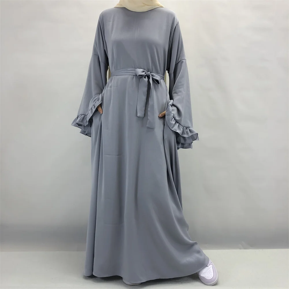 Dubai Flowy Abaya Big Ruffle Sleeve Islamic Clothing Muslim Women Zip Maxi Dress Flare Cuff Modest Shiny Soft Velvet Satin Cloth