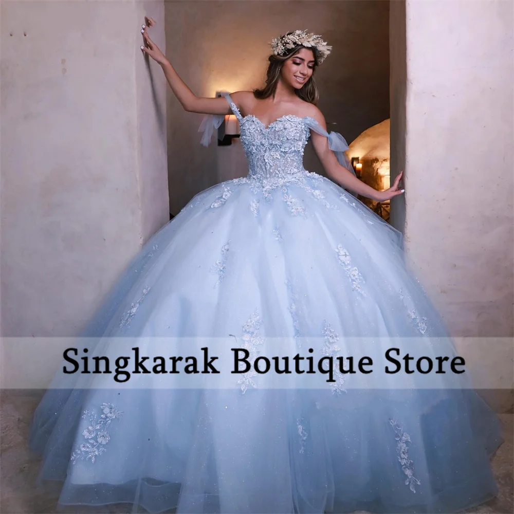 Светильник-голубое платье принцессы Quinceanera с открытыми плечами Кружевная