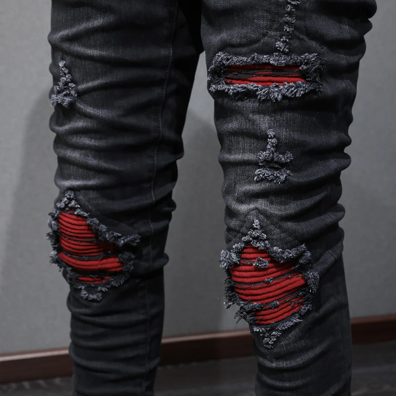 High Street Fashion Men Jeans Retro Black Gray Stretch Skinny Ripped Jeans Men Red Patched Designer Hip Hop Brand Pants Hombre