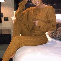 ladies fashion winter and autumn 2 piece suit long sleeved loose round neck cross knit sweater and high waist pencil pants suit