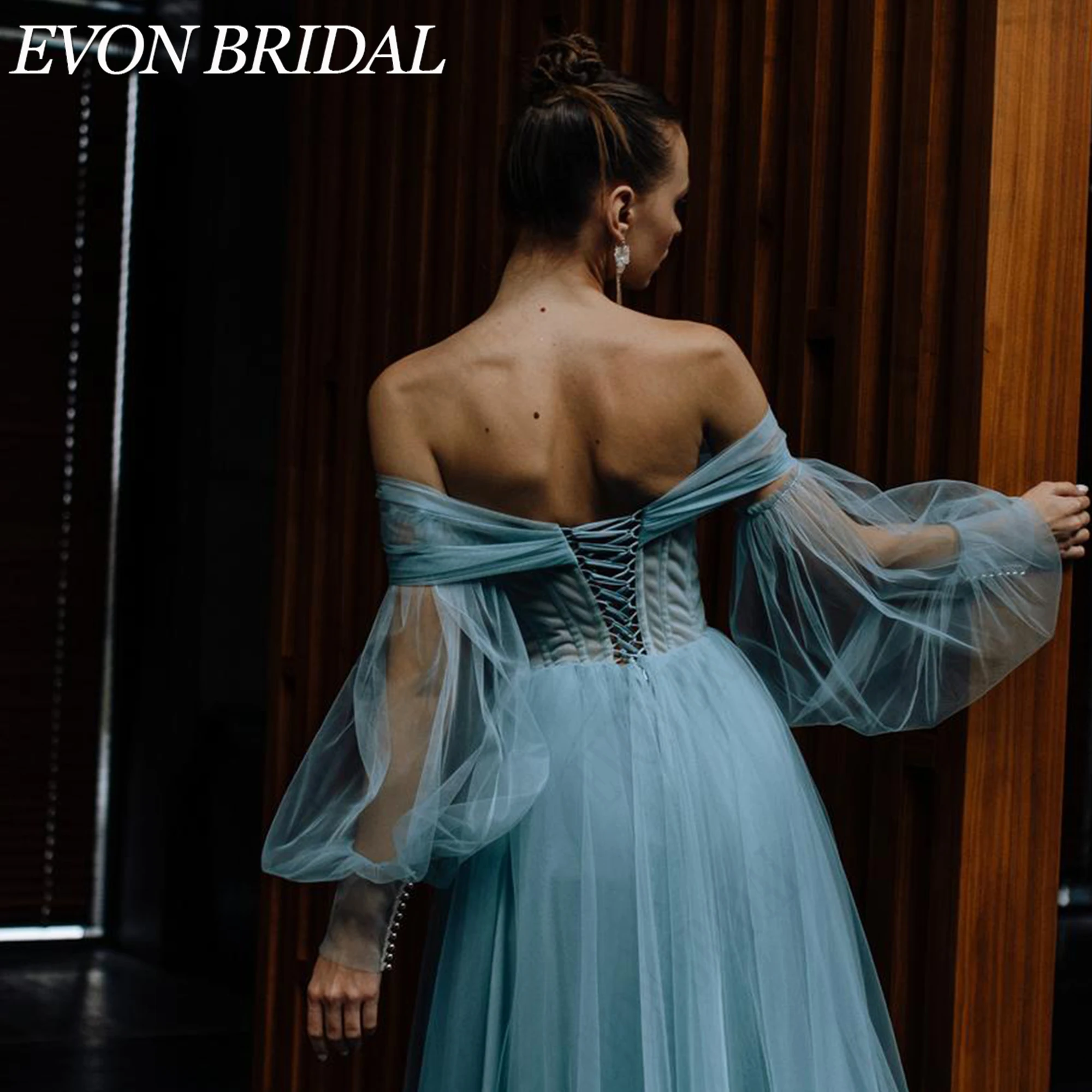Фото EVON BRIDAL Элегантное вечернее платье открытые плечи из тюля корсет пышные рукава для гостя свадьбы на заказ легкая романтичная силуэт полупрозрачные слои и мягкие объемы нежная воздушная текстура создает уникальный №4