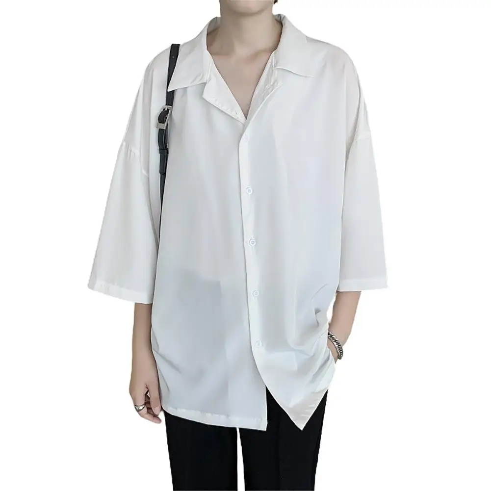 

Мужская Повседневная рубашка с отложным воротником, однотонная универсальная рубашка с рукавом 3/4, мужская одежда