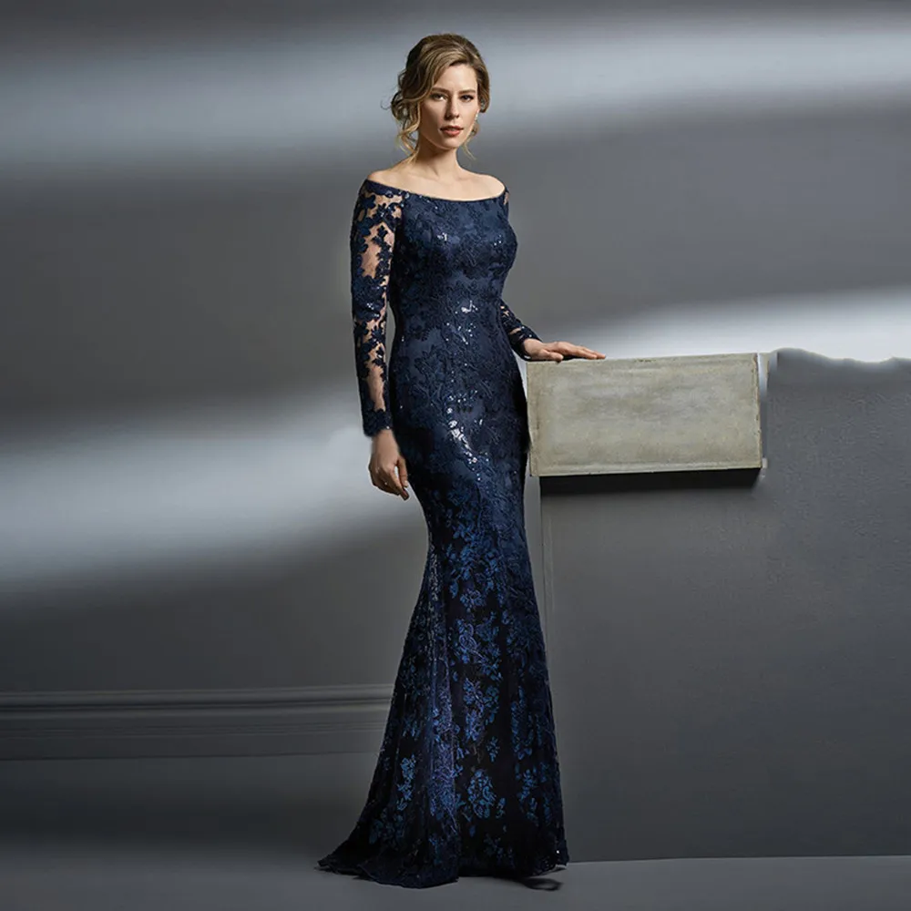 

2022 New Elegant Royal Blue Lace Mother of the Bride Dresses Mermaid Off Shoulder Long Sleeves Wedding Guest Gowns Appliqued
