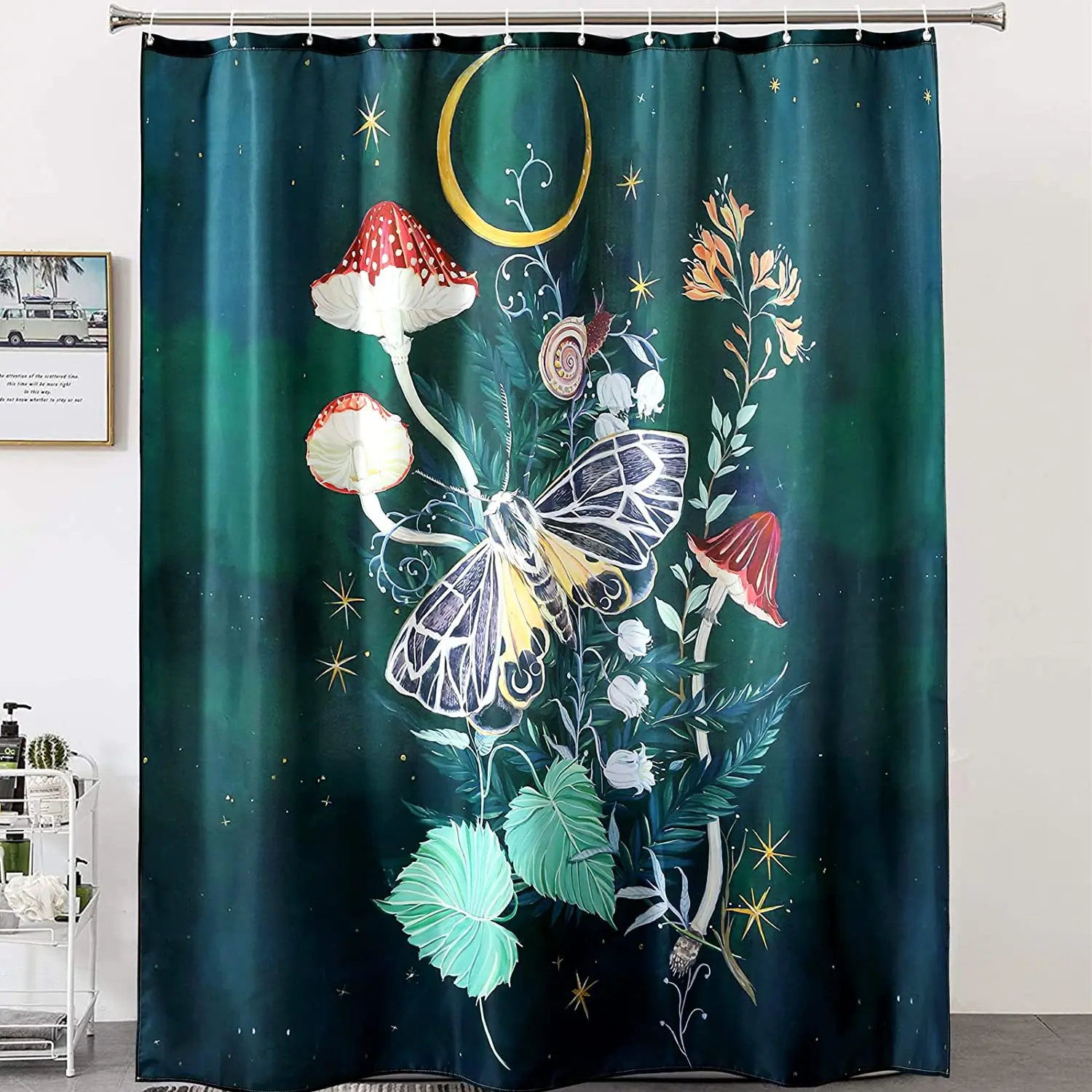 

Forest Plants Moth Bath Curtain In Dark Green Starry Night Sky Spring Nature Flowers Botanical and Mushroom Modern Abstract Art