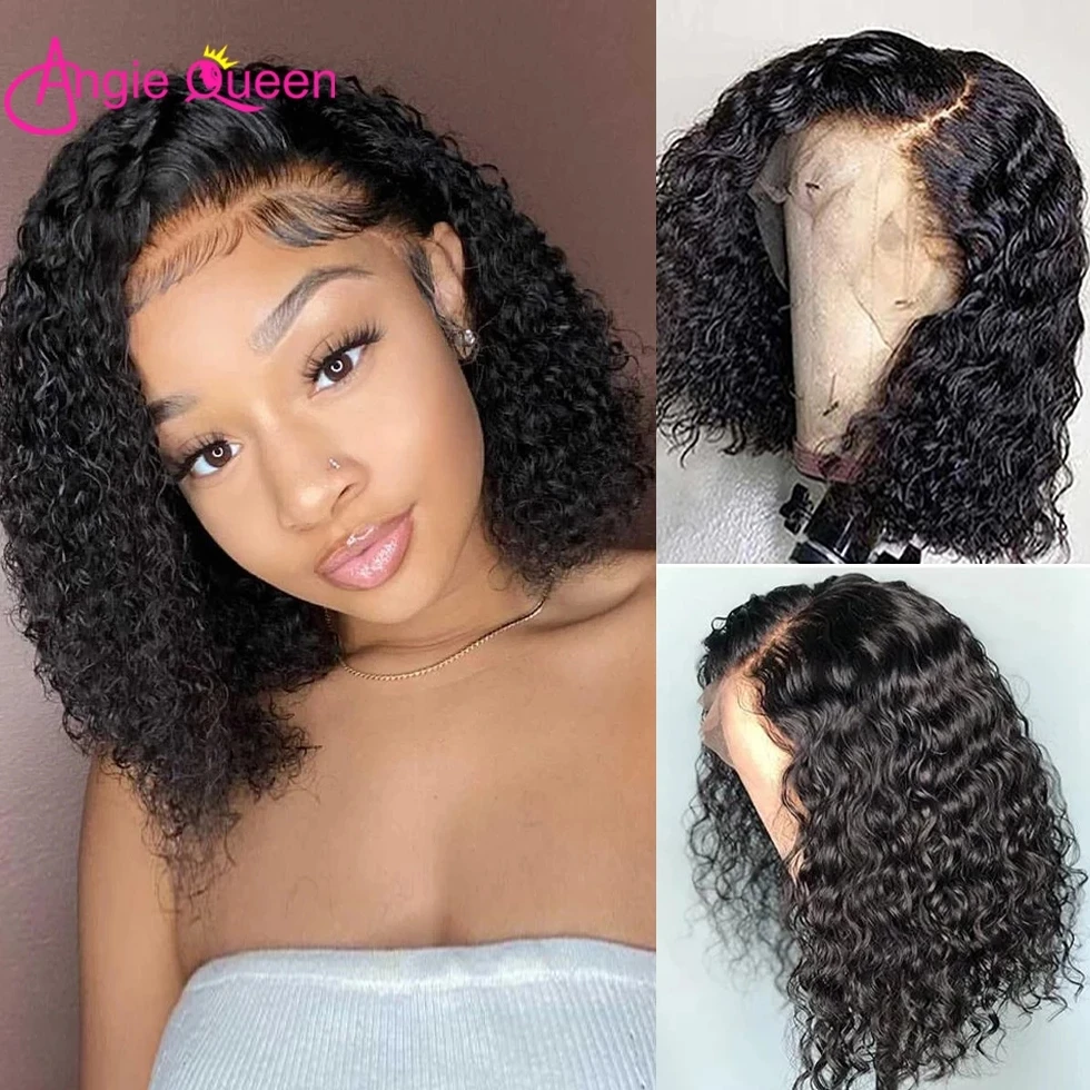 ANGIE QUEEN Short Bob Wig Curly Hair 4x4 Closure Wigs For Women Brazilian Remy Hair Curly Human Hair T Part Lace Frontal Wig