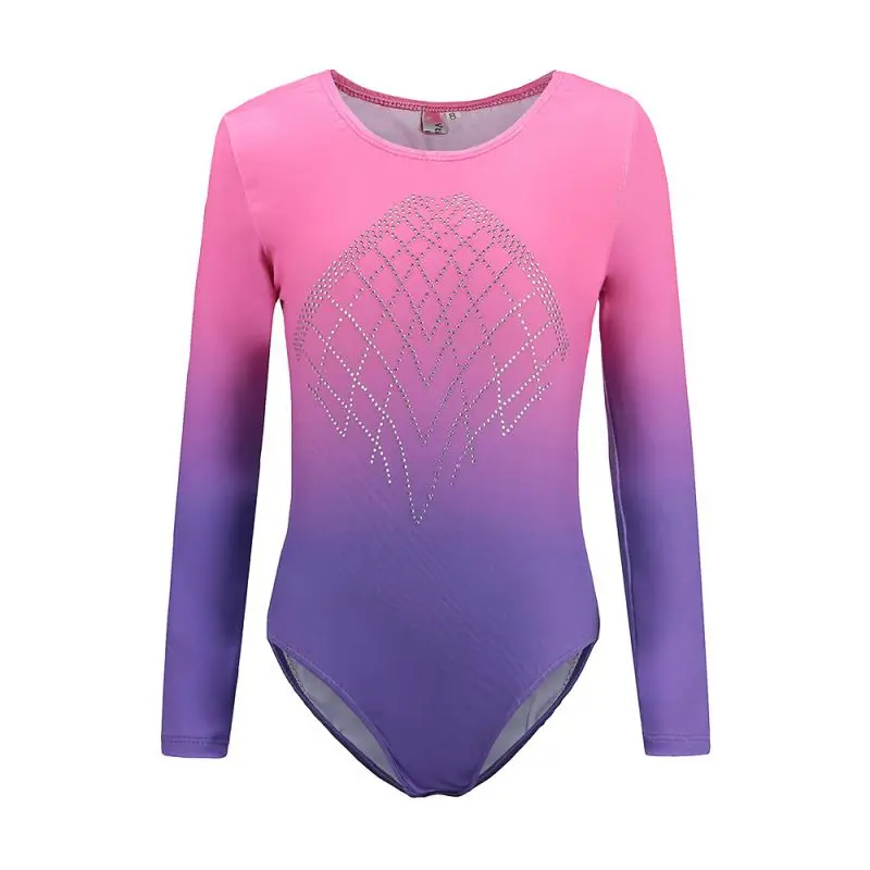 

5-12 Years Girls Diamonds Highlights Long Sleeve Gradient Color Bodysuit Ballet Gymnastics Dancewear
