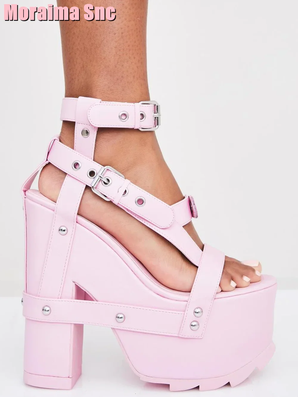 Fashion Platform Buckle Strappy Sandals Button Block Chunky Heel Open Toe Pink Solid Sexy Women Shoes Party 2023 Nightclub New
