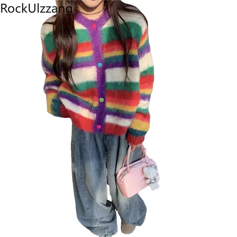 

Imitation Mohair Fur Rainbow Striped Colorblock Knitted Cardigan Knitwear Sweater Coat Button Up Loose Outfit Fall Autumn