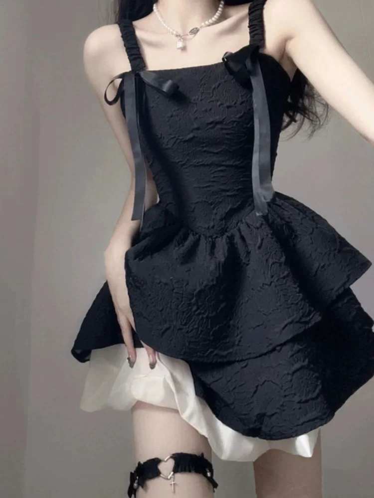 

QWEEK Gothic Harajuku Goth Bandage Dress Black Lolita Kawaii Cute Slip Spaghetti Strap Party Mini Short Dresses 2023 Summer