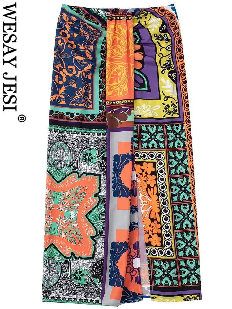 

WESAY JESI Retro Print Asymmetrical Female Long Skirt Pleated Overlapping Slits Slim Sexy Fashion Skirt Summer Vacation Daily